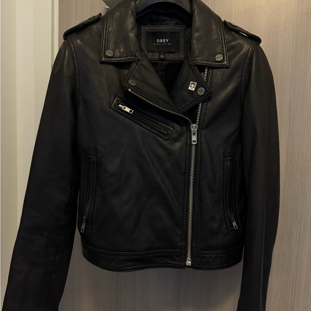 Obey Black Leather Moto Jacket with Asymmetrical Zip